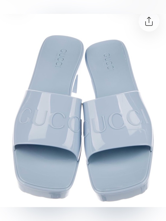 Gucci Shoes - Gucci Glossy Pale Blue Logo Slide Sandals